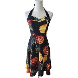 Topdress Black Pineapple Print Halter Swing Dress Size Medium